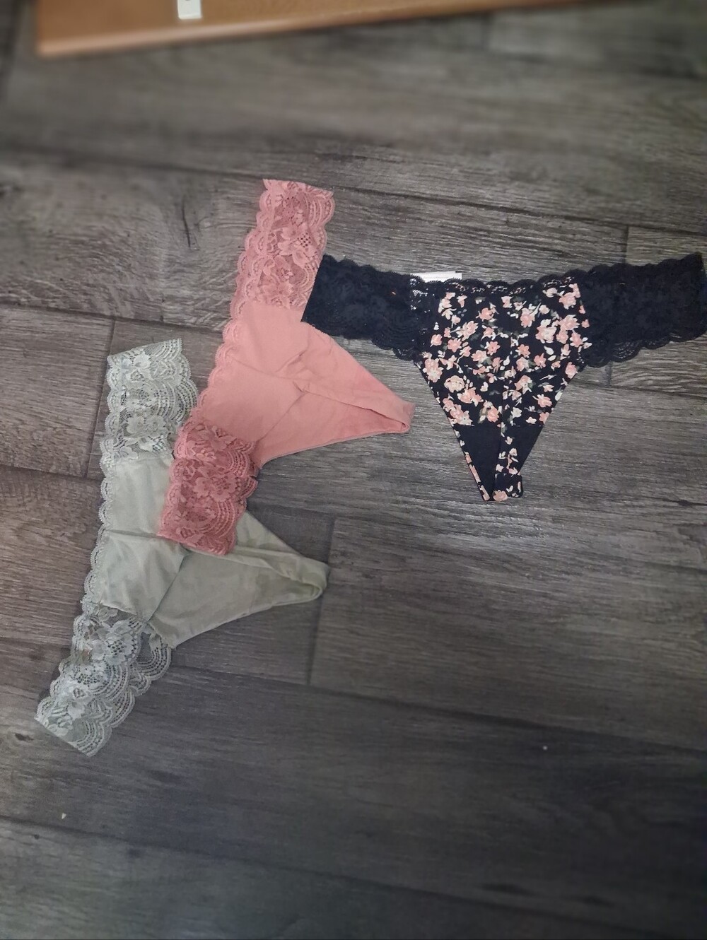 Women's Lace Trim Thong Panties - Pink, Black Floral, Sage